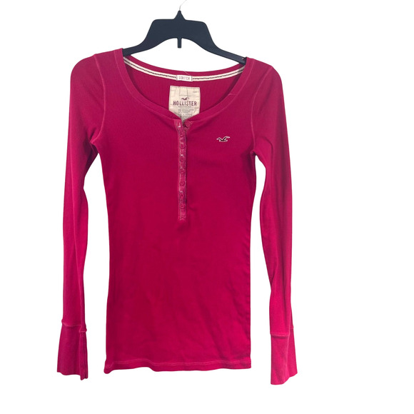 Hollister Women Sz L Henley Top Red Y2K Fitted Ribbed Grunge Elena Gilbert Twee - Picture 1 of 6